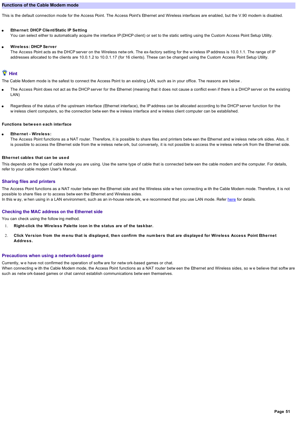 Functions of the cable modem mode | Sony PCWA-A500 User Manual | Page 51 / 61