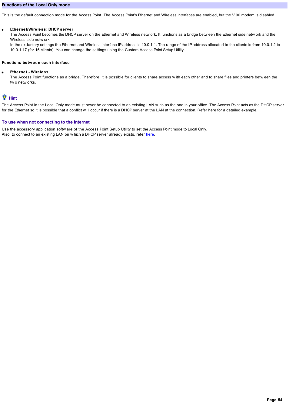 Functions of the local only mode | Sony PCWA-A500 User Manual | Page 54 / 61