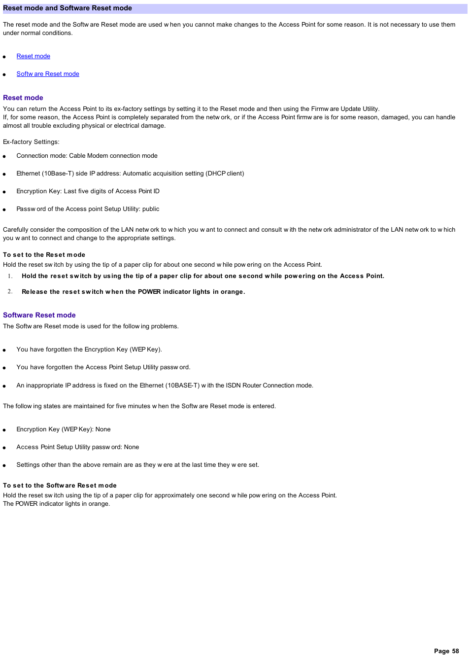 Reset mode and software reset mode, Here, For details on checking and updating versions | Are. read, Reset mode and softw are reset mode, For details on, Reset mode, Then, use the access, Softw are reset mode, To set the ip | Sony PCWA-A500 User Manual | Page 58 / 61