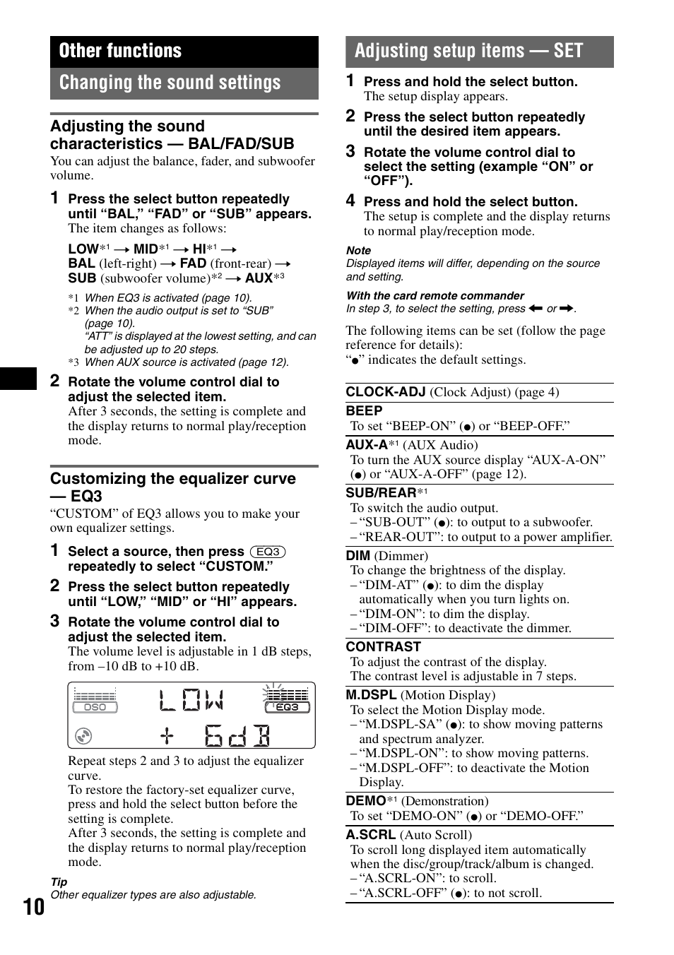 Other functions, Changing the sound settings, Adjusting the sound characteristics - bal/fad/sub | Customizing the equalizer curve - eq3, Adjusting setup items - set, Adjusting setup items — set, Other functions changing the sound settings, Adjusting the sound characteristics — bal/fad/sub, Customizing the equalizer curve — eq3 | Sony MEX-1GP User Manual | Page 10 / 64
