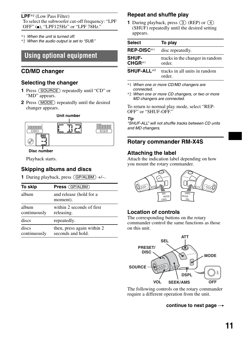 Using optional equipment, Cd/md changer, Rotary commander rm-x4s | Cd/md changer rotary commander rm-x4s, Selecting the changer, Skipping albums and discs, Repeat and shuffle play, Attaching the label, Location of controls | Sony MEX-1GP User Manual | Page 11 / 64