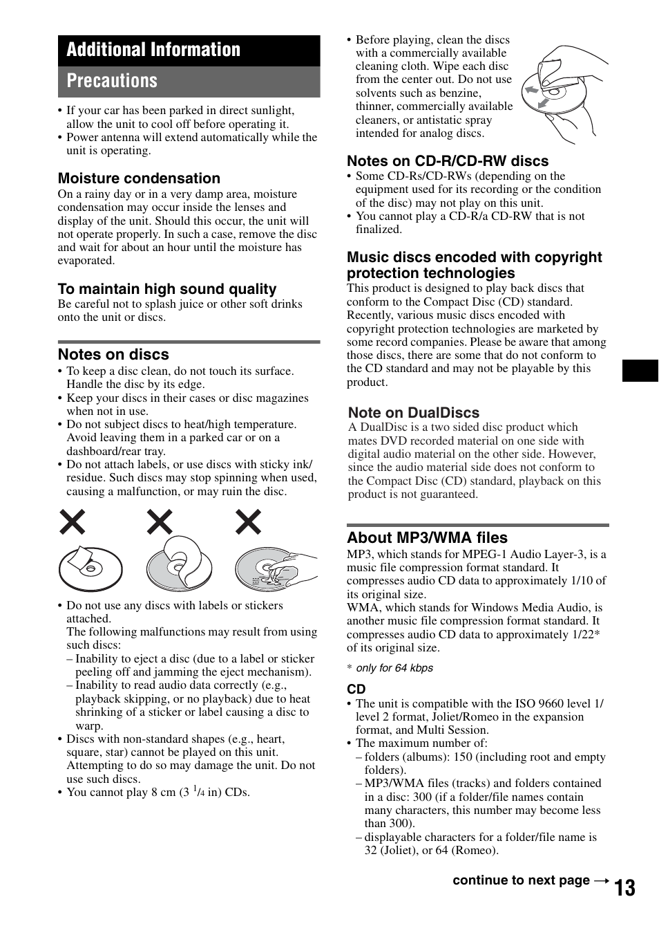 Additional information, Precautions, Notes on discs | About mp3/wma files, Notes on discs about mp3/wma files, Additional information precautions | Sony MEX-1GP User Manual | Page 13 / 64