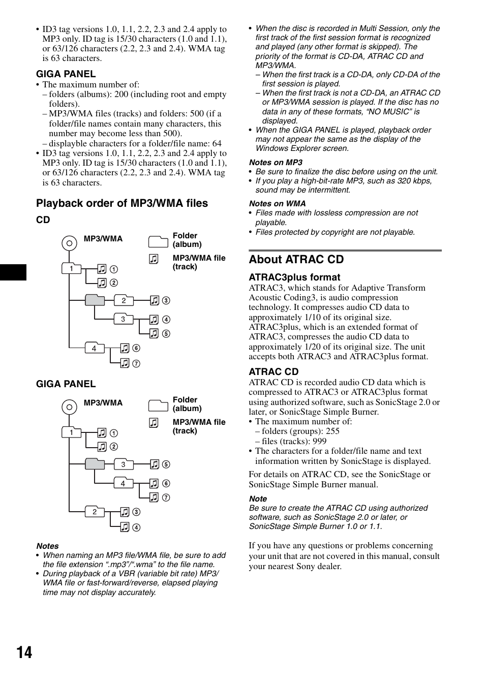 About atrac cd, Playback order of mp3/wma files | Sony MEX-1GP User Manual | Page 14 / 64