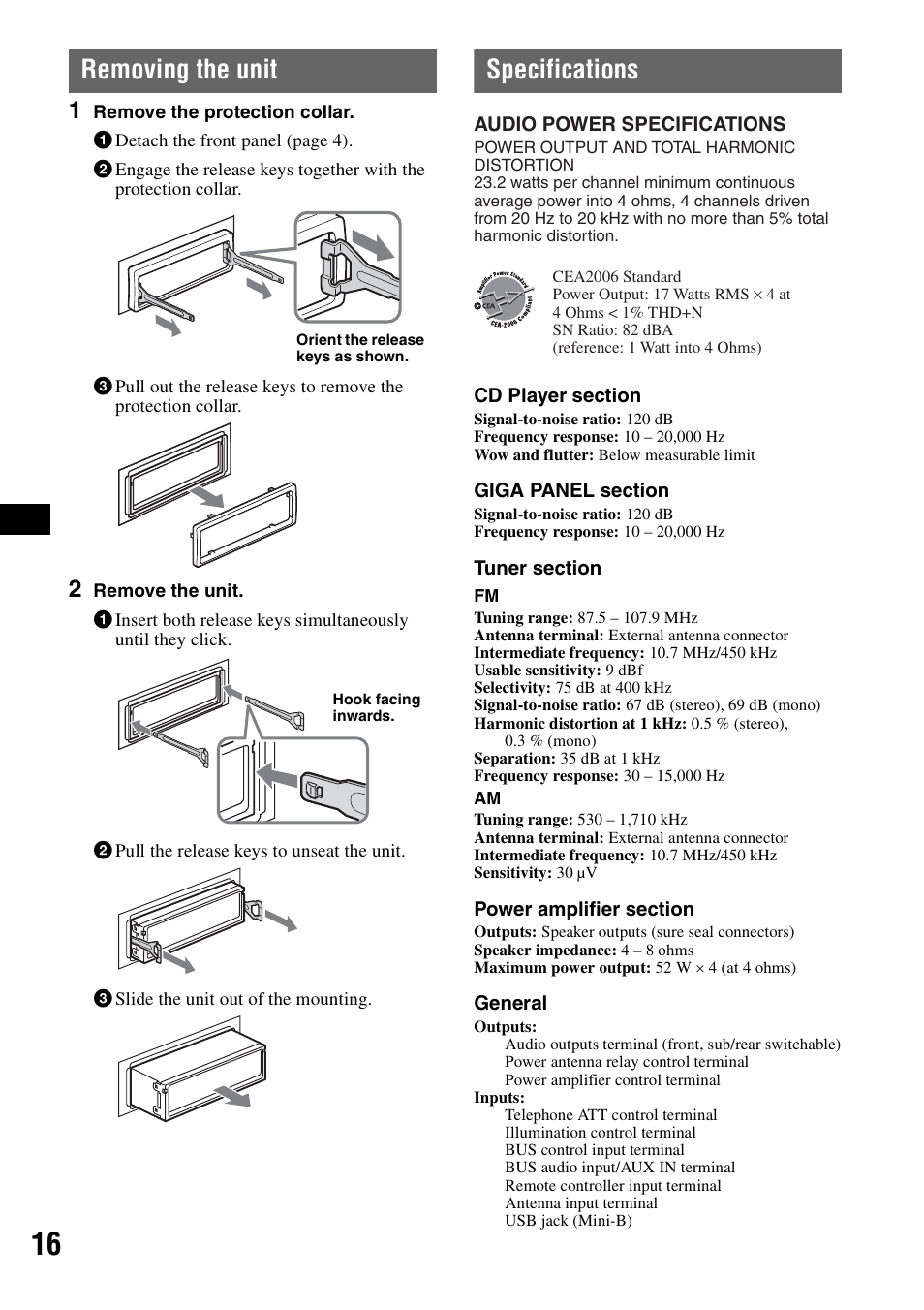 Removing the unit, Specifications, Removing the unit specifications | Sony MEX-1GP User Manual | Page 16 / 64