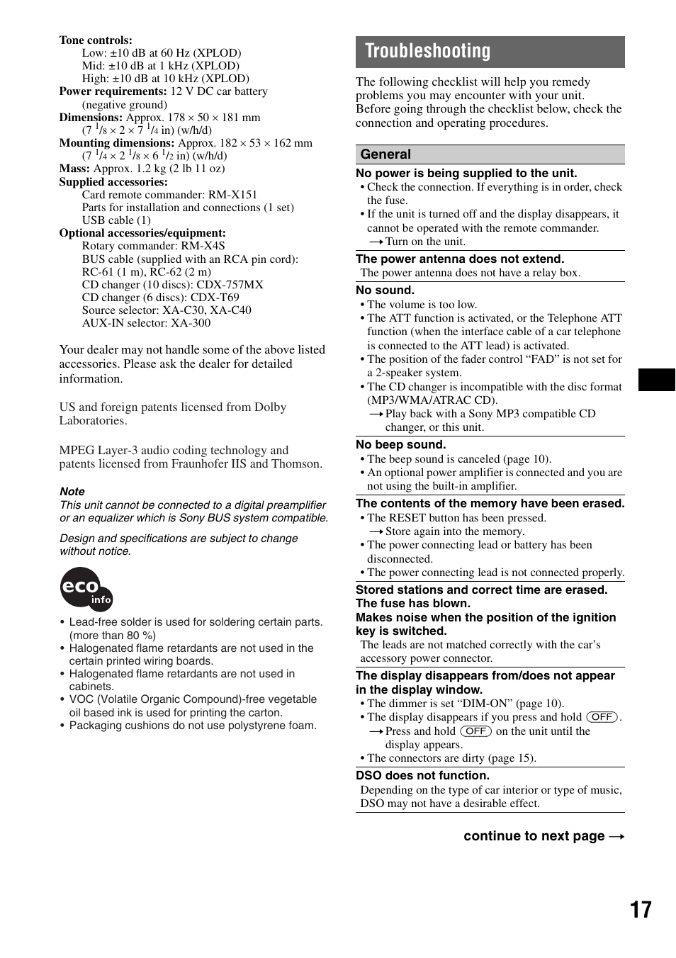 Troubleshooting | Sony MEX-1GP User Manual | Page 17 / 64