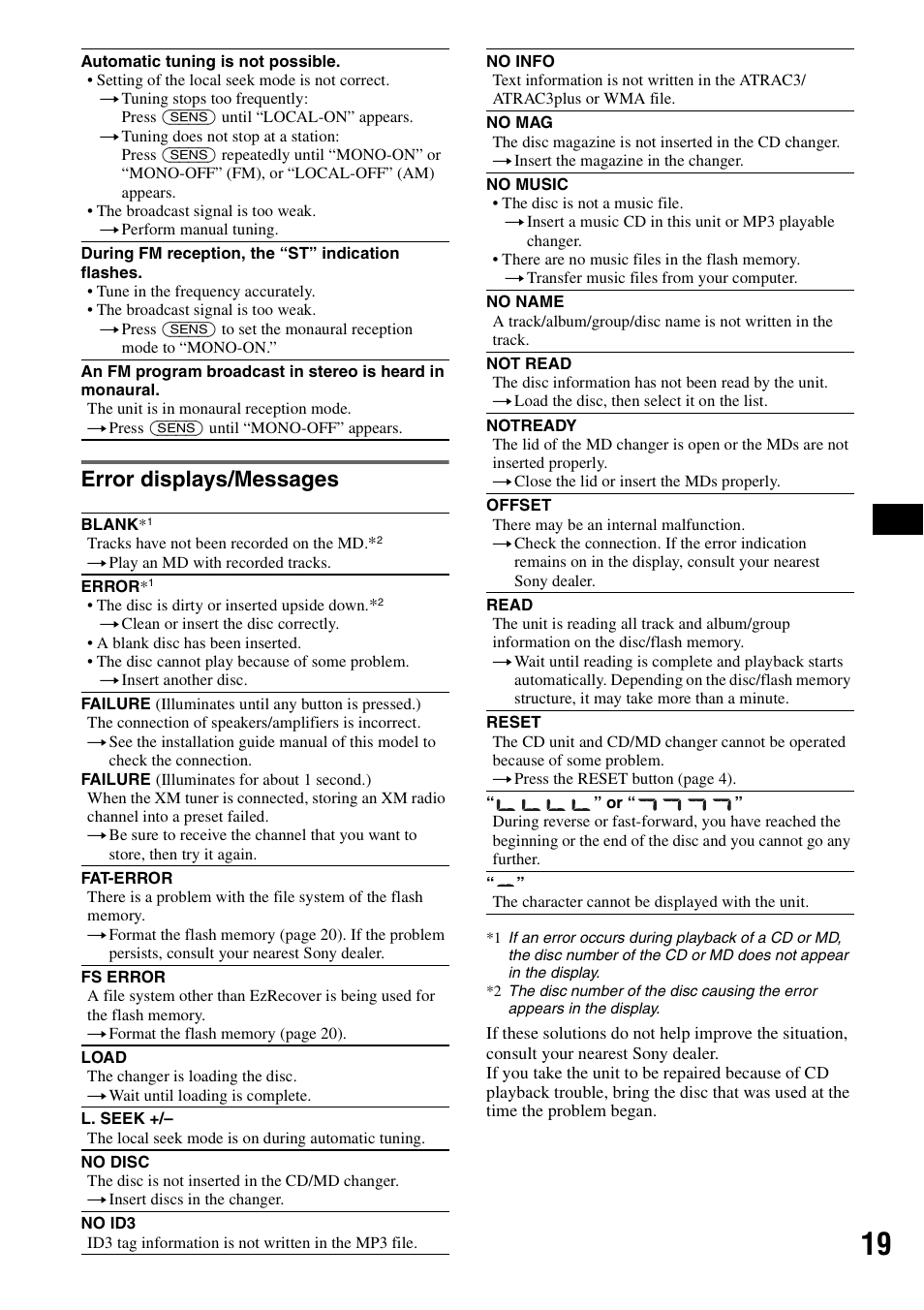 Error displays/messages | Sony MEX-1GP User Manual | Page 19 / 64