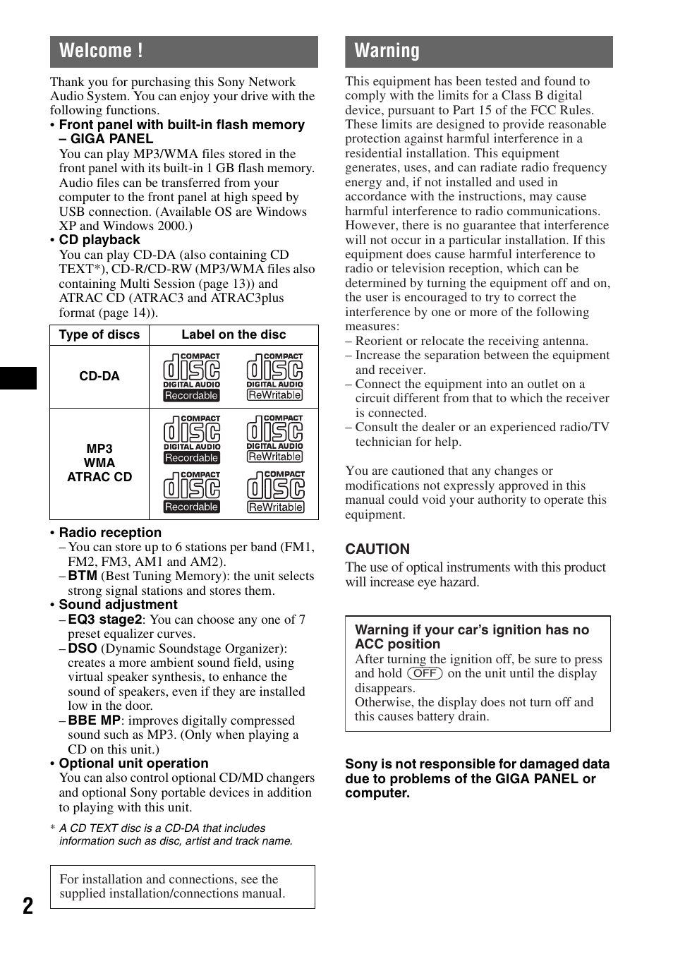 Welcome, Warning | Sony MEX-1GP User Manual | Page 2 / 64