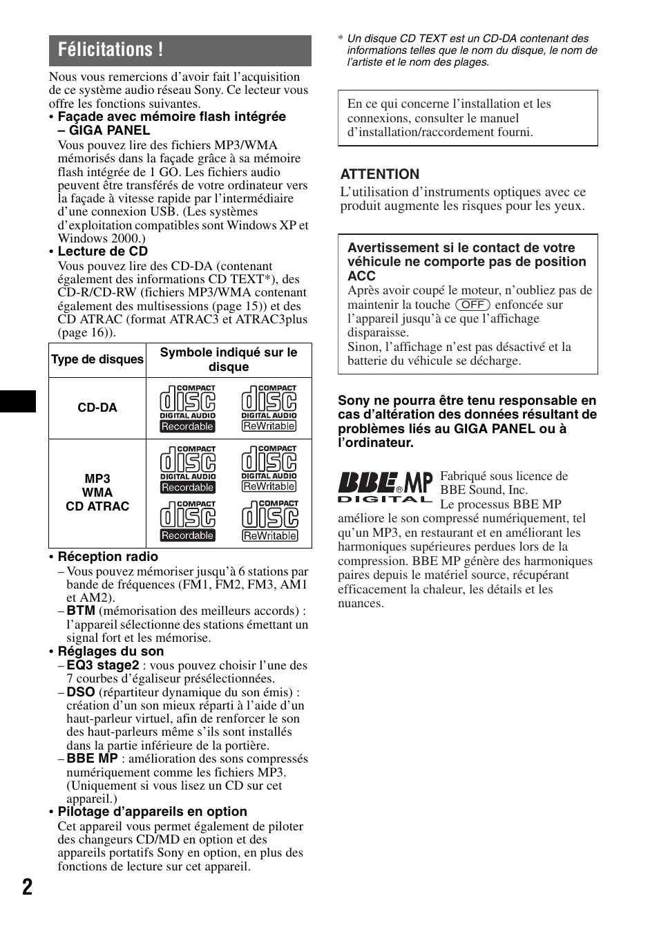 Félicitations | Sony MEX-1GP User Manual | Page 22 / 64