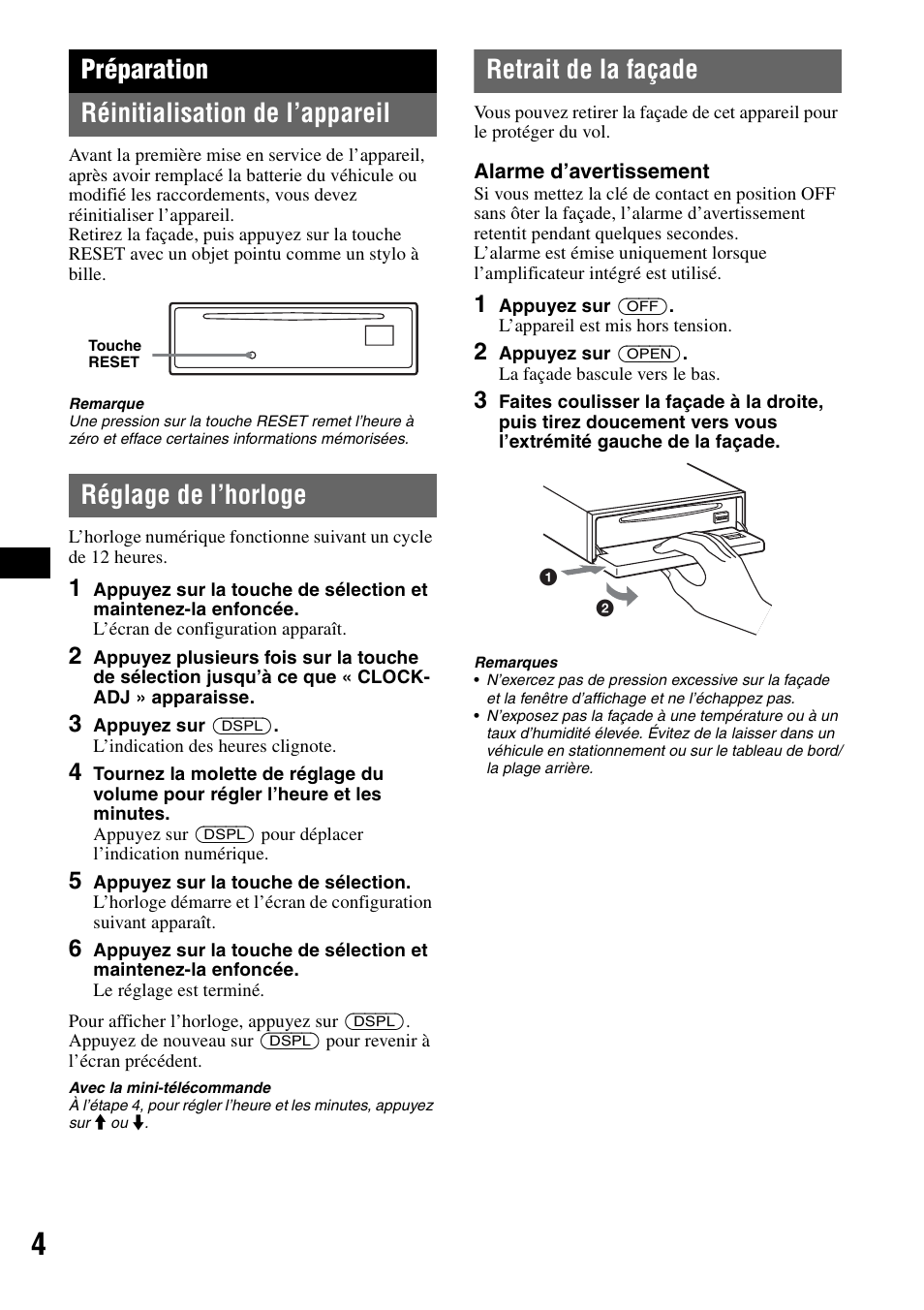 Préparation, Réinitialisation de l’appareil, Réglage de l’horloge | Retrait de la façade, Préparation réinitialisation de l’appareil | Sony MEX-1GP User Manual | Page 24 / 64