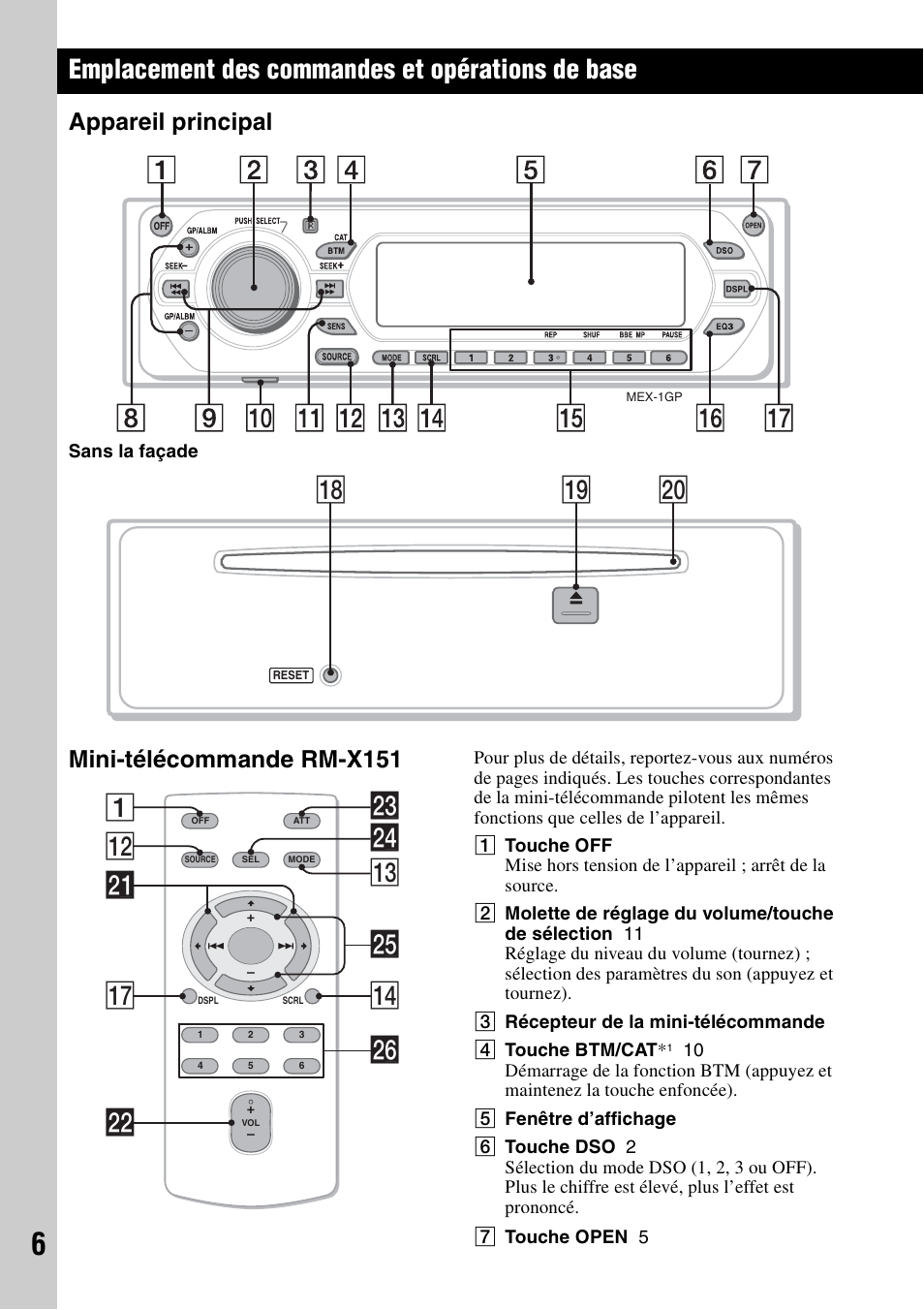 Emplacement des commandes et opérations de base, Appareil principal, Mini-télécommande rm-x151 | Appareil principal mini-télécommande rm-x151, Ql w; qk, Qs wf qd 1 qf wa qj wd ws wh wg | Sony MEX-1GP User Manual | Page 26 / 64