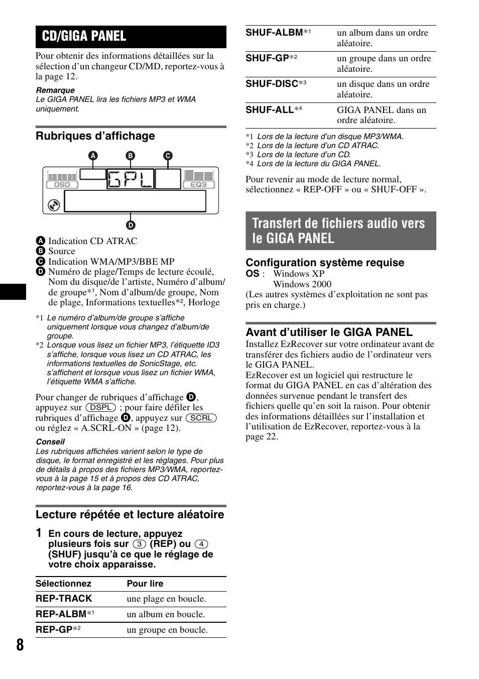 Cd/giga panel, Rubriques d’affichage, Lecture répétée et lecture aléatoire | Transfert de fichiers audio vers le giga panel, Avant d’utiliser le giga panel | Sony MEX-1GP User Manual | Page 28 / 64