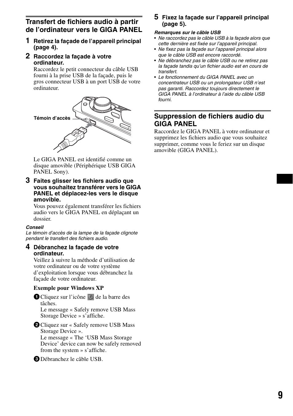 Suppression de fichiers audio du giga panel | Sony MEX-1GP User Manual | Page 29 / 64