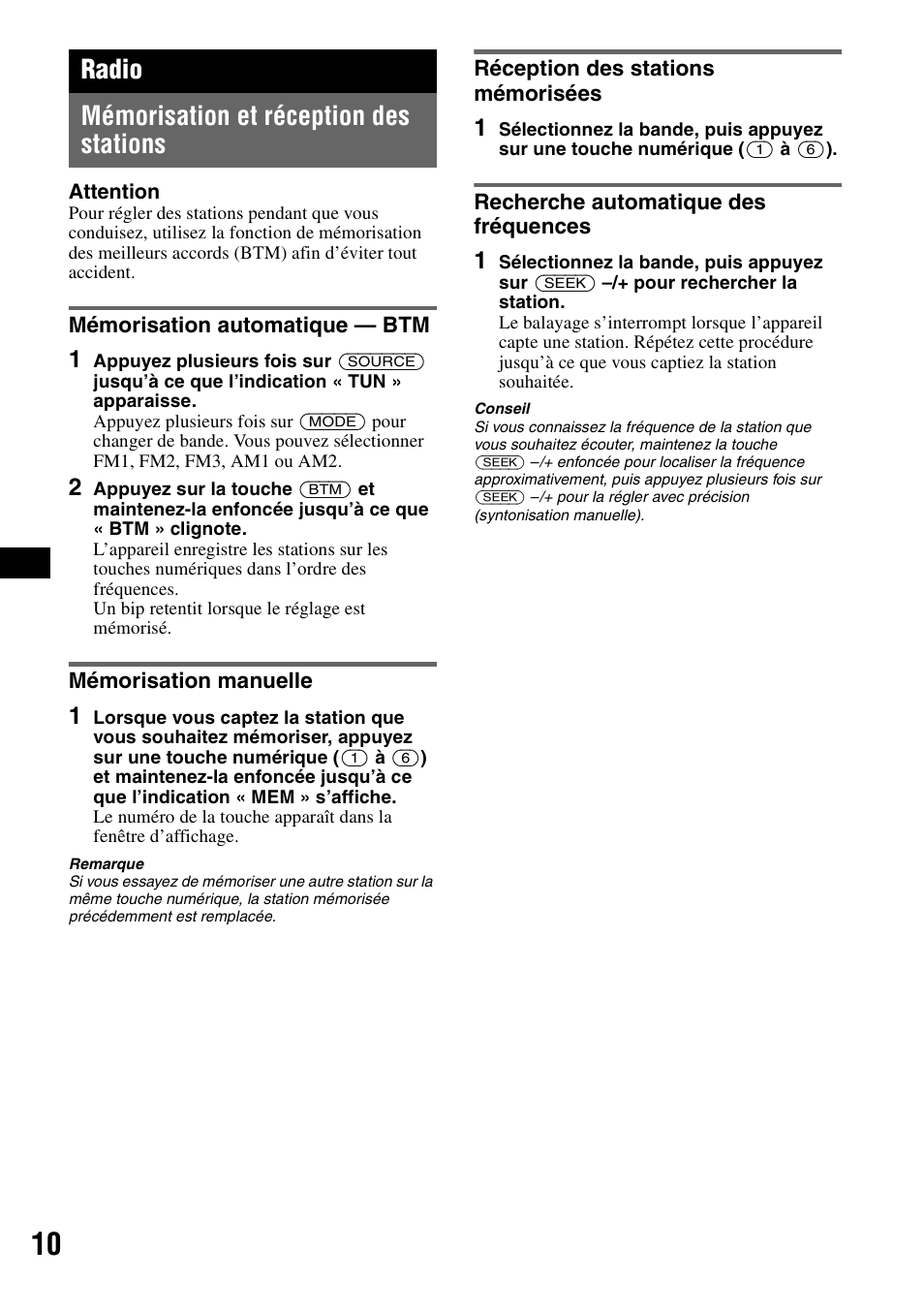 Radio, Mémorisation et réception des stations, Mémorisation automatique - btm | Mémorisation manuelle, Réception des stations mémorisées, Recherche automatique des fréquences, Radio mémorisation et réception des stations | Sony MEX-1GP User Manual | Page 30 / 64