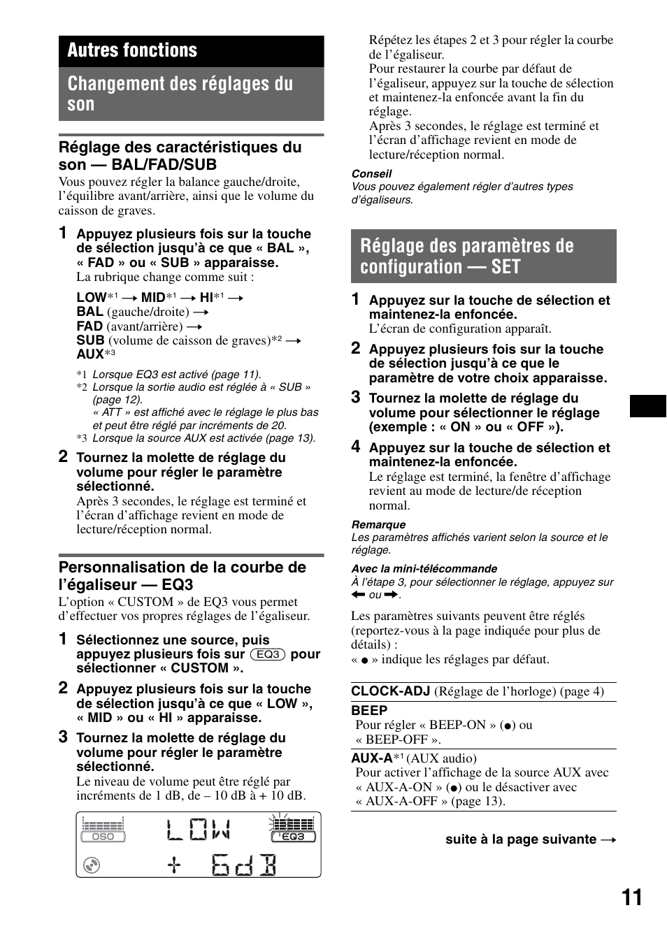 Autres fonctions, Changement des réglages du son, Réglage des caractéristiques du son - bal/fad/sub | Personnalisation de la courbe de l’égaliseur - eq3, Réglage des paramètres de configuration - set, Réglage des paramètres de configuration — set, Autres fonctions changement des réglages du son | Sony MEX-1GP User Manual | Page 31 / 64