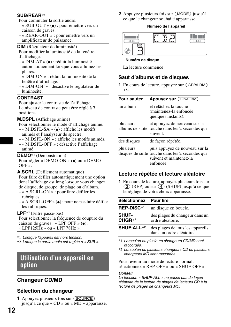 Utilisation d’un appareil en option, Changeur cd/md | Sony MEX-1GP User Manual | Page 32 / 64