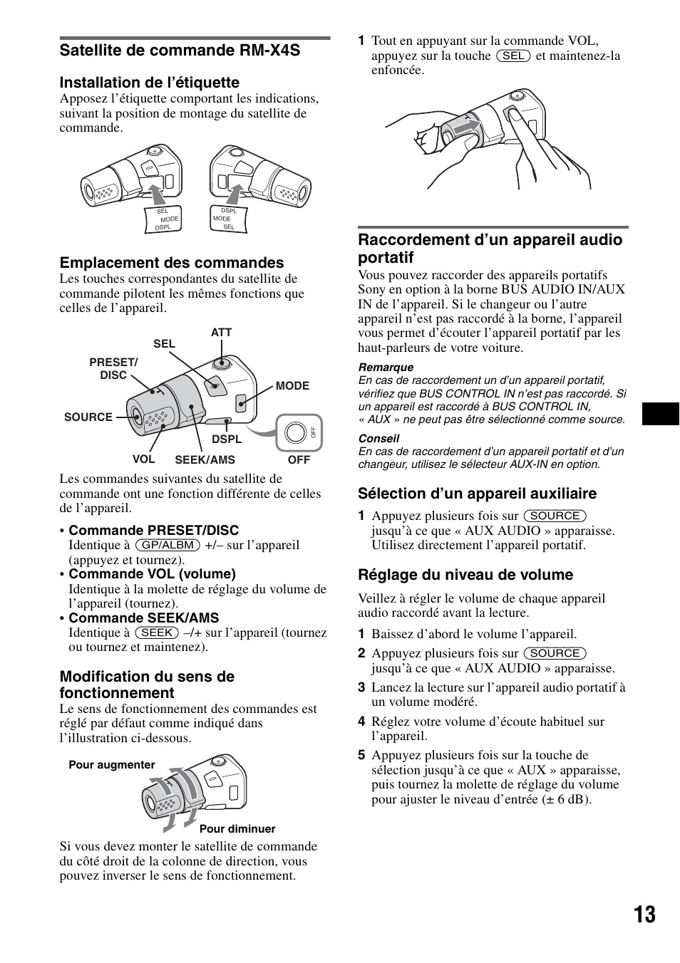 Satellite de commande rm-x4s, Raccordement d’un appareil audio portatif, Installation de l’étiquette | Emplacement des commandes, Modification du sens de fonctionnement, Sélection d’un appareil auxiliaire, Réglage du niveau de volume | Sony MEX-1GP User Manual | Page 33 / 64