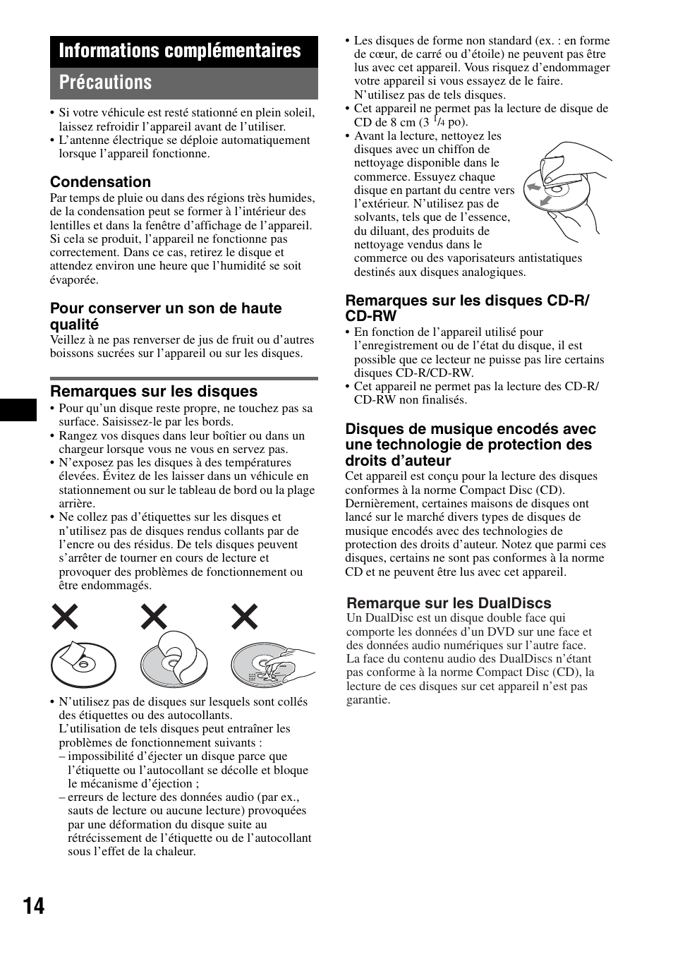 Informations complémentaires, Précautions, Remarques sur les disques | Informations complémentaires précautions | Sony MEX-1GP User Manual | Page 34 / 64