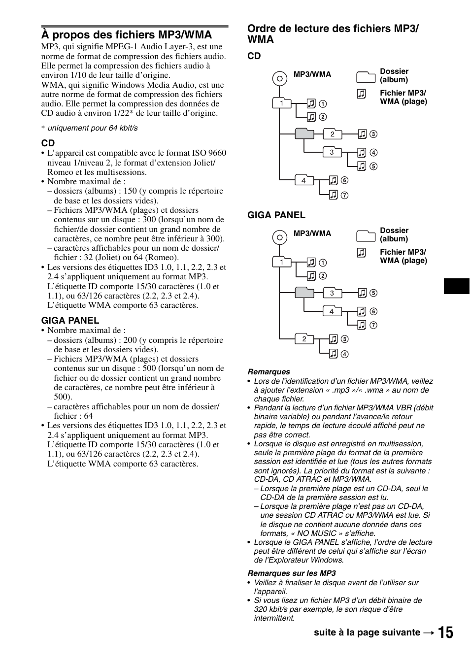 À propos des fichiers mp3/wma, Ordre de lecture des fichiers mp3/ wma | Sony MEX-1GP User Manual | Page 35 / 64