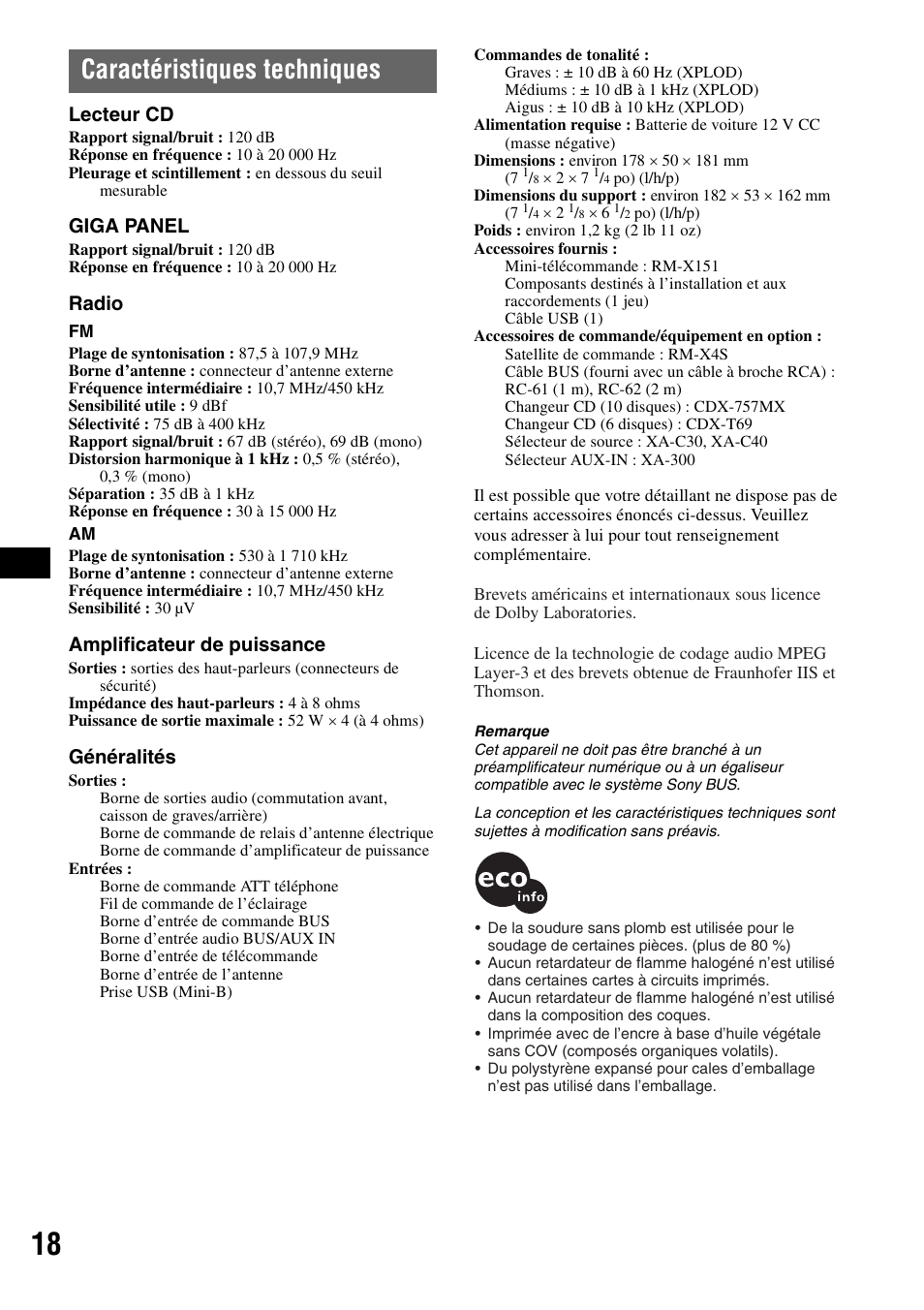 Caractéristiques techniques, Lecteur cd, Giga panel | Radio, Amplificateur de puissance, Généralités | Sony MEX-1GP User Manual | Page 38 / 64