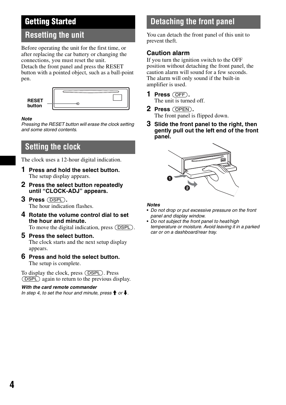 Getting started, Resetting the unit, Setting the clock | Detaching the front panel, Getting started resetting the unit | Sony MEX-1GP User Manual | Page 4 / 64