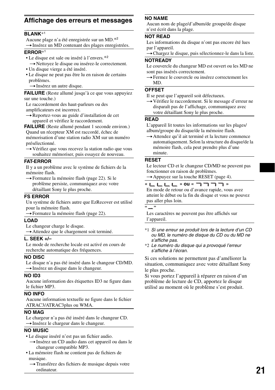 Affichage des erreurs et messages | Sony MEX-1GP User Manual | Page 41 / 64