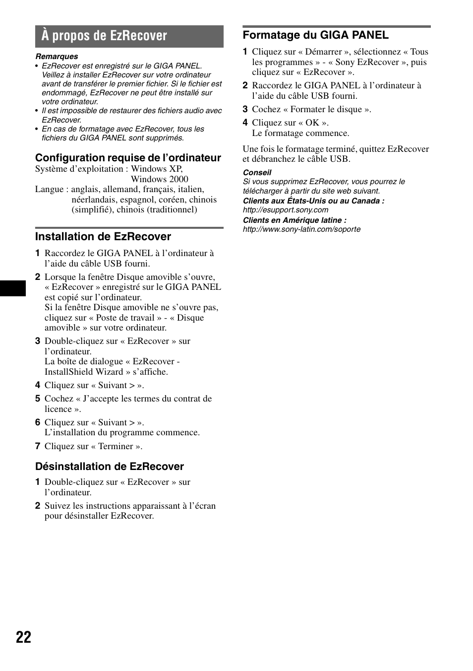 À propos de ezrecover, Installation de ezrecover, Formatage du giga panel | Installation de ezrecover formatage du giga panel | Sony MEX-1GP User Manual | Page 42 / 64