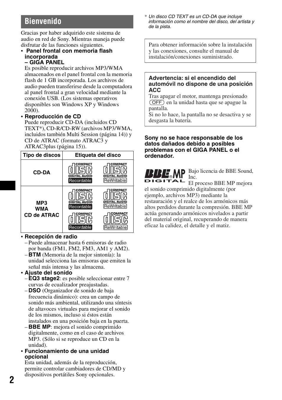 Bienvenido | Sony MEX-1GP User Manual | Page 44 / 64