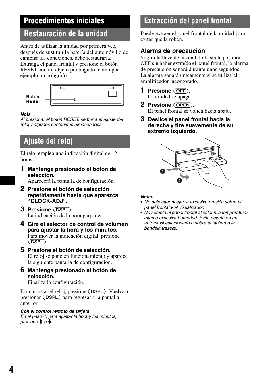 Procedimientos iniciales, Restauración de la unidad, Ajuste del reloj | Extracción del panel frontal, Procedimientos iniciales restauración de la unidad | Sony MEX-1GP User Manual | Page 46 / 64