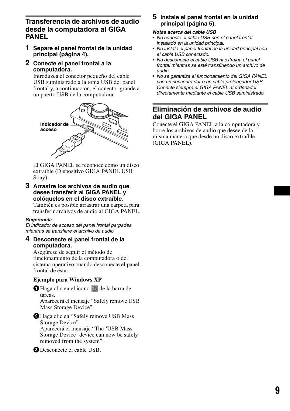 Eliminación de archivos de audio del giga panel | Sony MEX-1GP User Manual | Page 51 / 64