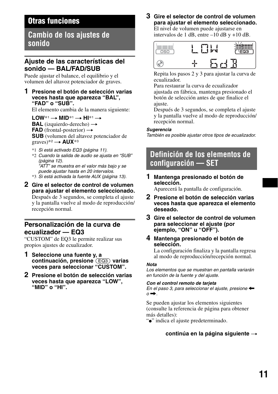 Otras funciones, Cambio de los ajustes de sonido, Personalización de la curva de ecualizador - eq3 | Definición de los elementos de configuración - set, Definición de los elementos de configuración — set, Otras funciones cambio de los ajustes de sonido | Sony MEX-1GP User Manual | Page 53 / 64