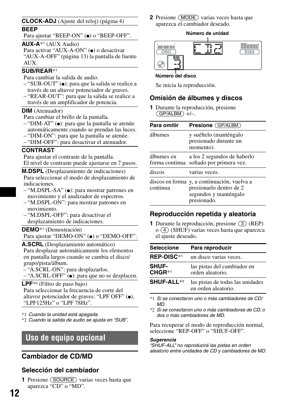 Uso de equipo opcional, Cambiador de cd/md | Sony MEX-1GP User Manual | Page 54 / 64