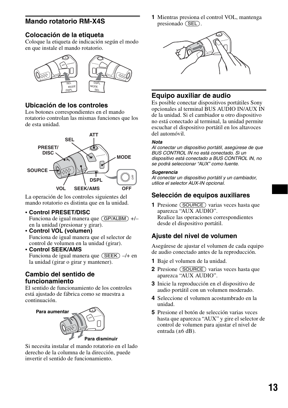 Mando rotatorio rm-x4s, Equipo auxiliar de audio, Mando rotatorio rm-x4s equipo auxiliar de audio | Colocación de la etiqueta, Ubicación de los controles, Cambio del sentido de funcionamiento, Selección de equipos auxiliares, Ajuste del nivel de volumen | Sony MEX-1GP User Manual | Page 55 / 64