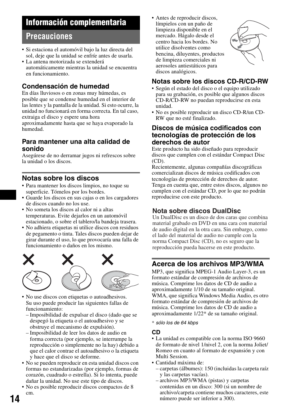 Información complementaria, Precauciones, Notas sobre los discos | Acerca de los archivos mp3/wma, Información complementaria precauciones | Sony MEX-1GP User Manual | Page 56 / 64