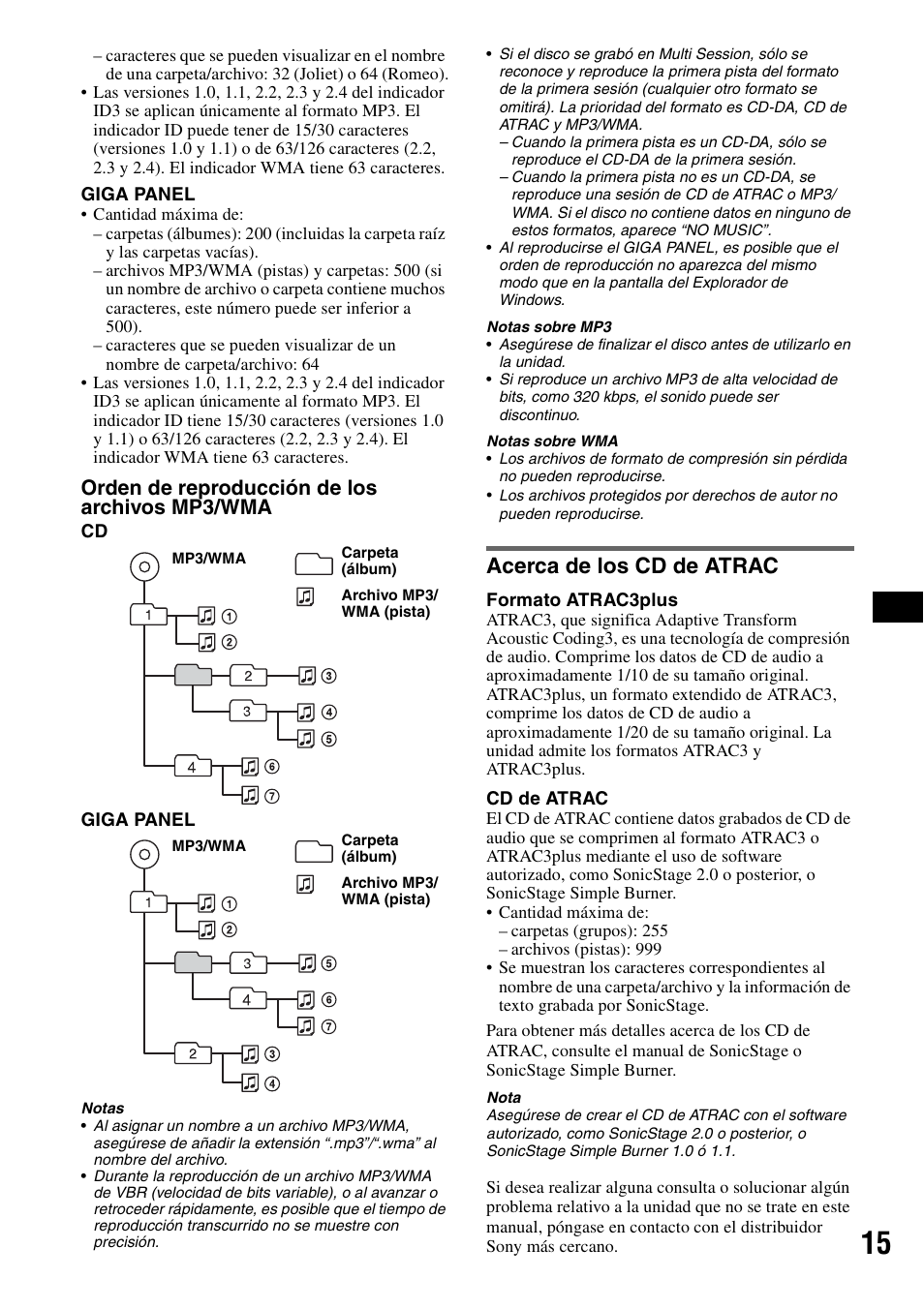 Acerca de los cd de atrac, Orden de reproducción de los archivos mp3/wma | Sony MEX-1GP User Manual | Page 57 / 64