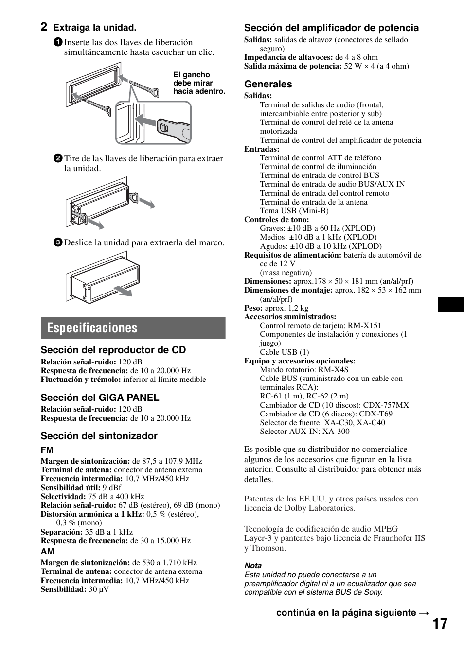 Especificaciones | Sony MEX-1GP User Manual | Page 59 / 64