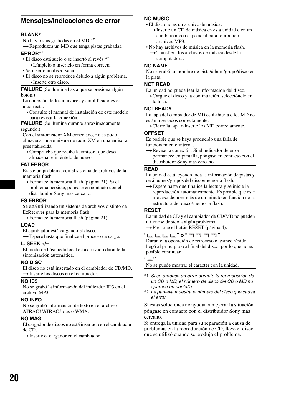 Mensajes/indicaciones de error | Sony MEX-1GP User Manual | Page 62 / 64