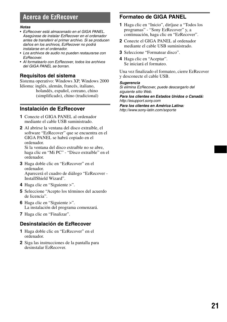 Acerca de ezrecover, Instalación de ezrecover, Formateo de giga panel | Instalación de ezrecover formateo de giga panel | Sony MEX-1GP User Manual | Page 63 / 64