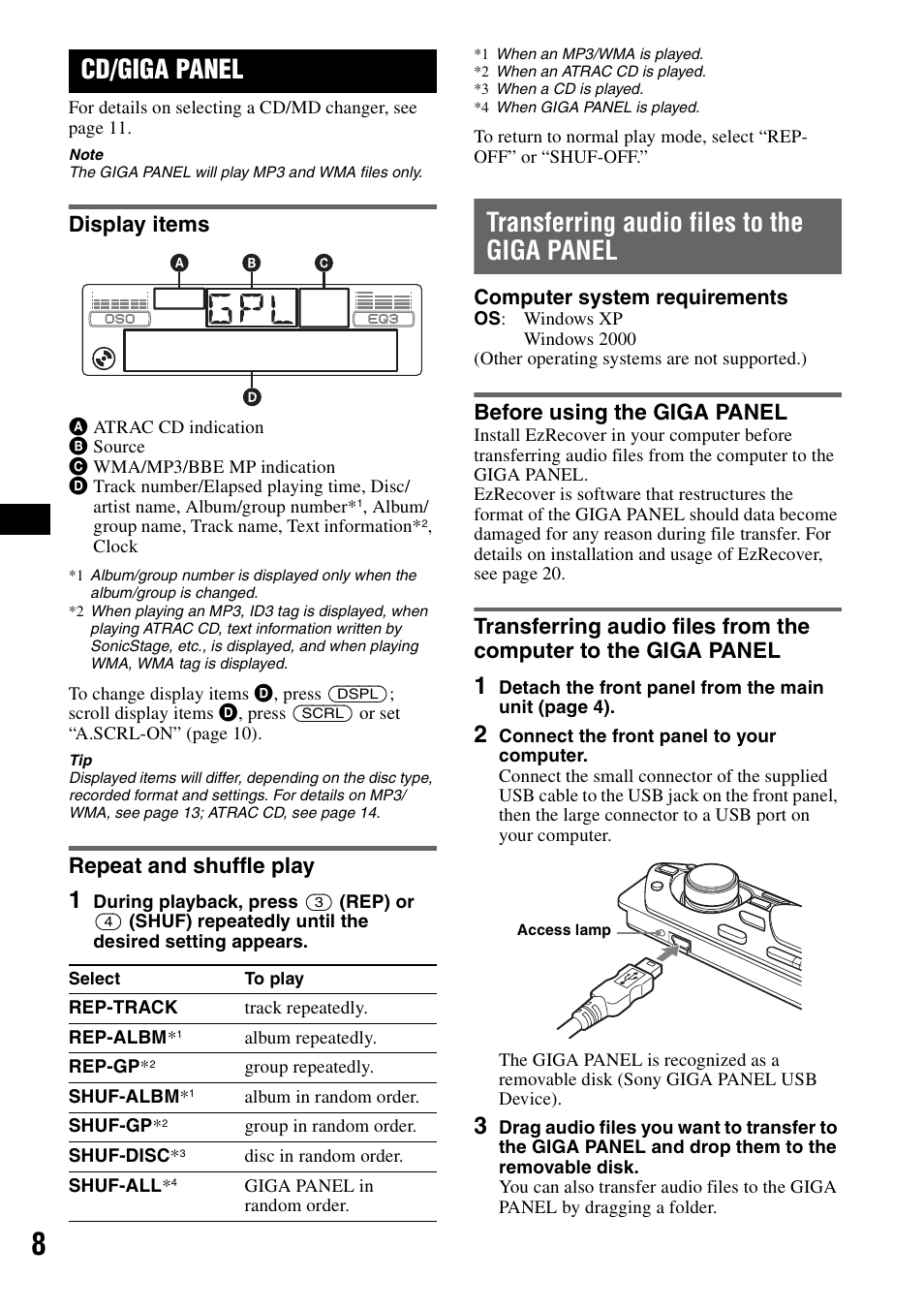 Cd/giga panel, Display items, Repeat and shuffle play | Transferring audio files to the giga panel, Before using the giga panel, Display items repeat and shuffle play, Ep 8 | Sony MEX-1GP User Manual | Page 8 / 64