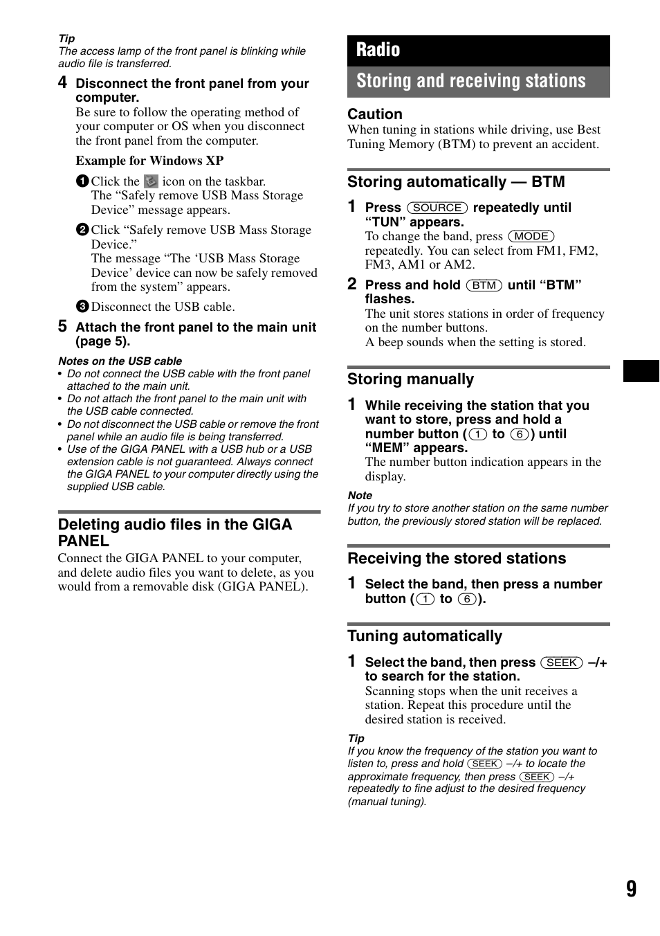 Deleting audio files in the giga panel, Radio, Storing and receiving stations | Storing automatically - btm, Storing manually, Receiving the stored stations, Tuning automatically, Storing automatically — btm, Radio storing and receiving stations | Sony MEX-1GP User Manual | Page 9 / 64