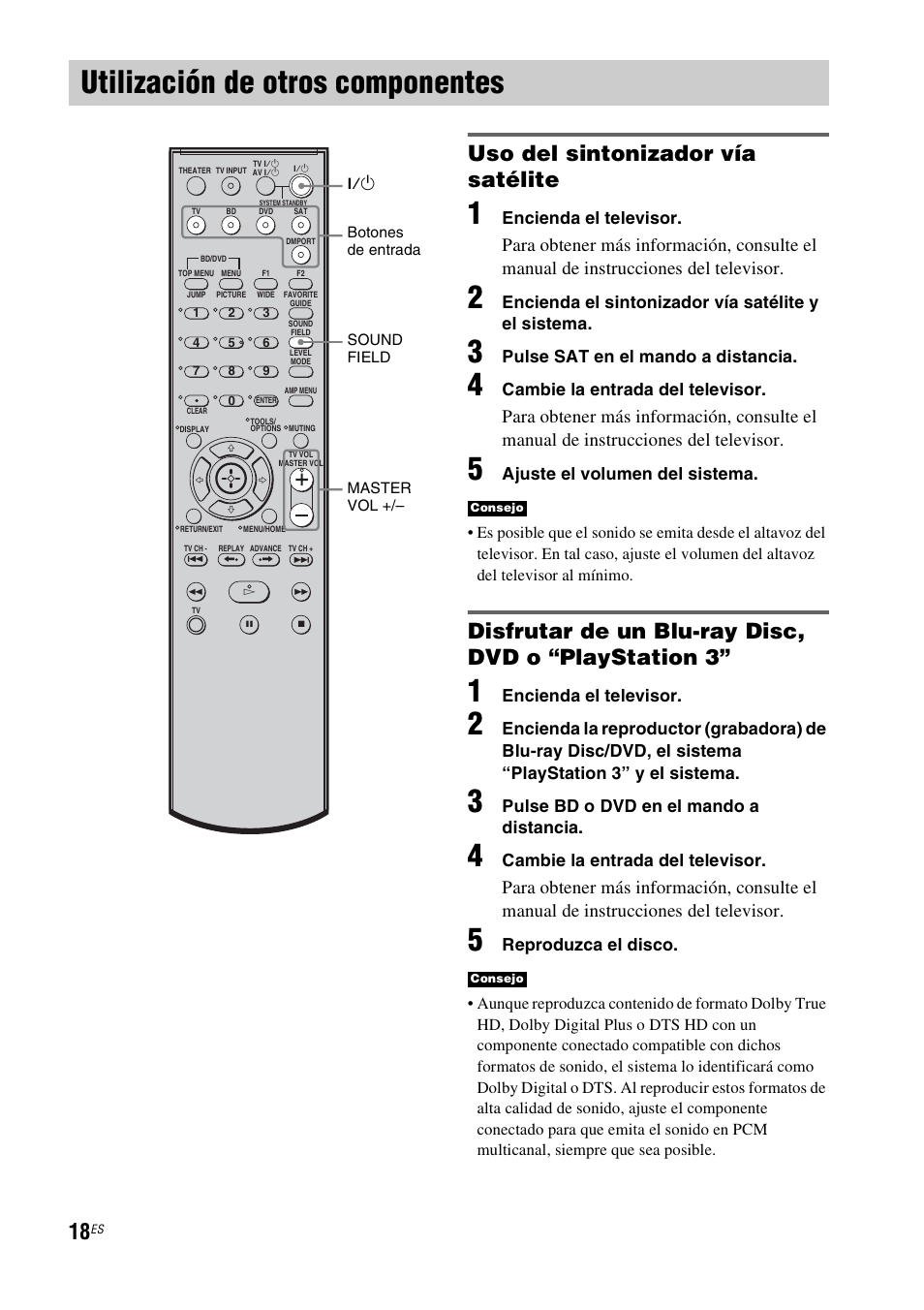 Utilización de otros componentes, Uso del sintonizador vía satélite, Disfrutar de un blu-ray disc, dvd o “playstation 3 | Sony HT-CT100 User Manual | Page 102 / 128