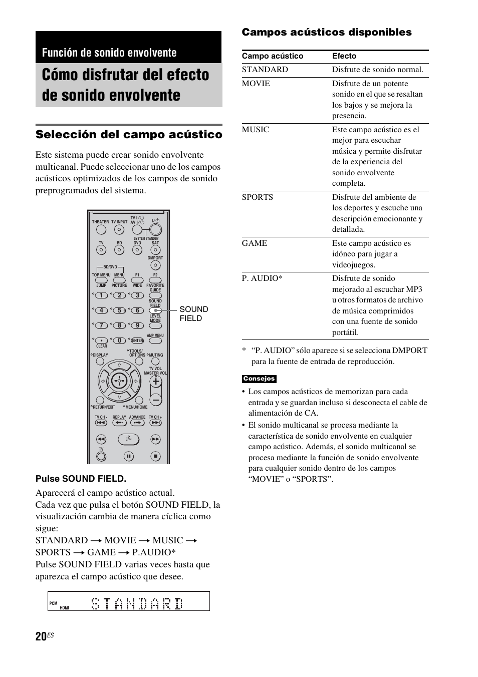 Función de sonido envolvente, Cómo disfrutar del efecto de sonido envolvente, Cómo disfrutar del efecto de sonido | Envolvente, Selección del campo acústico, Campos acústicos disponibles, Pulse sound field | Sony HT-CT100 User Manual | Page 104 / 128