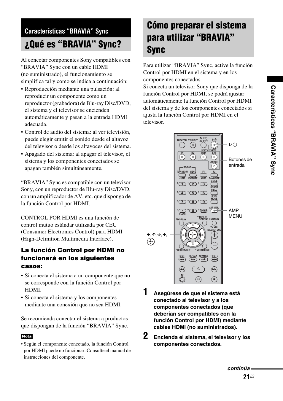 Características “bravia” sync, Qué es “bravia” sync, Bravia” sync | Ca ra c te rí s tic a s “bra via” sy nc, Continúa | Sony HT-CT100 User Manual | Page 105 / 128