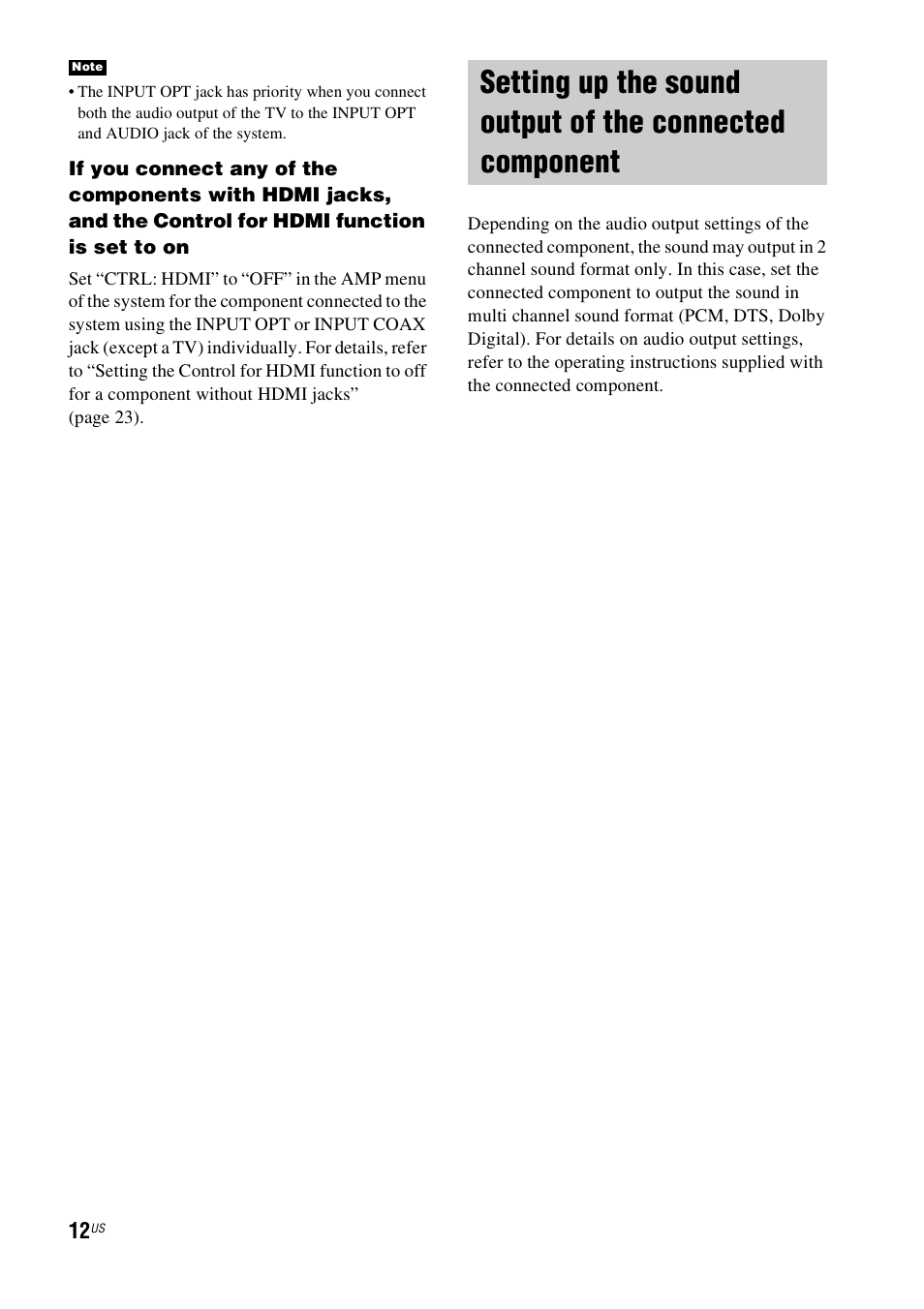 Setting up the sound output of the, Connected component | Sony HT-CT100 User Manual | Page 12 / 128