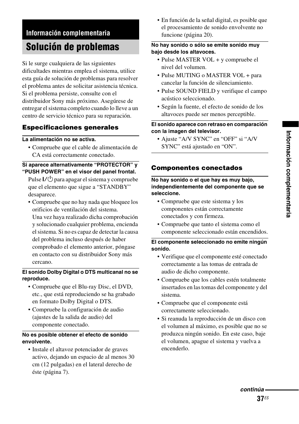 Información complementaria, Solución de problemas | Sony HT-CT100 User Manual | Page 121 / 128