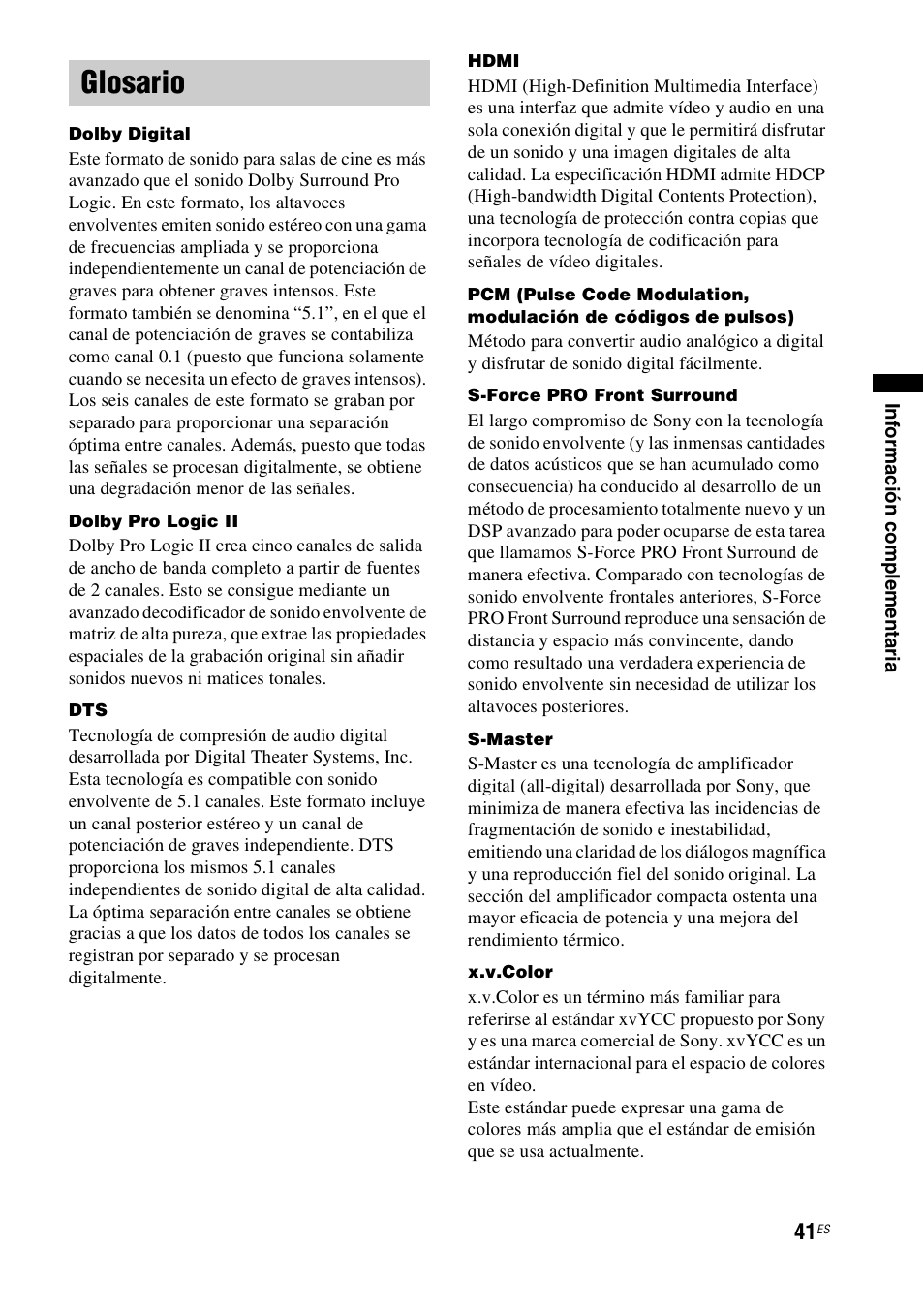 Glosario | Sony HT-CT100 User Manual | Page 125 / 128