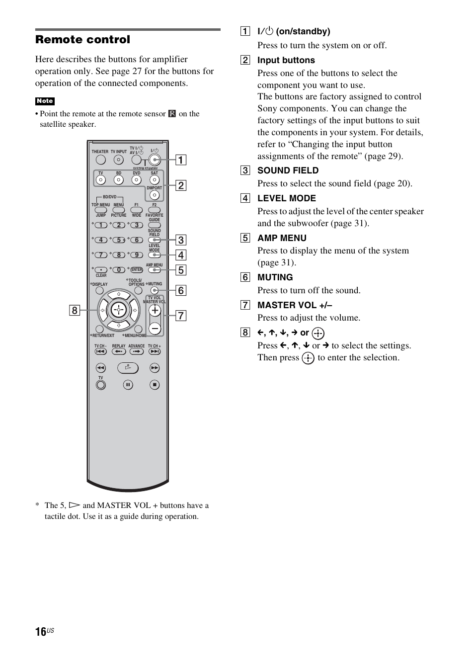 Remote control, Press to turn the system on or off, Press to select the sound fiel d (page 20) | Press to display the menu of the system (page 31), Press to turn off the sound, Press to adjust the volume, A ?/1 (on/standby), B input buttons, C sound field, D level mode | Sony HT-CT100 User Manual | Page 16 / 128