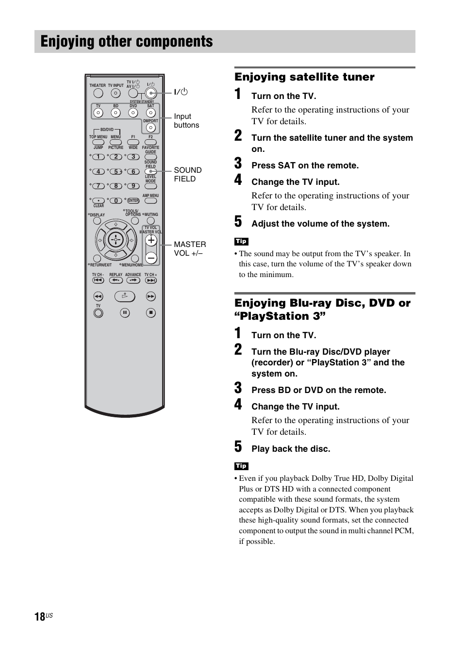 Enjoying other components, Enjoying satellite tuner, Enjoying blu-ray disc, dvd or “playstation 3 | Sony HT-CT100 User Manual | Page 18 / 128