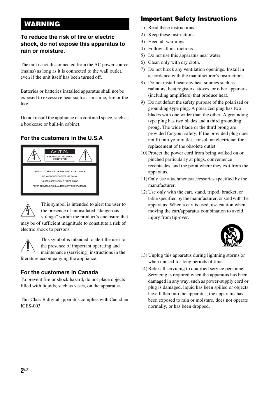 Warning, Important safety instructions | Sony HT-CT100 User Manual | Page 2 / 128