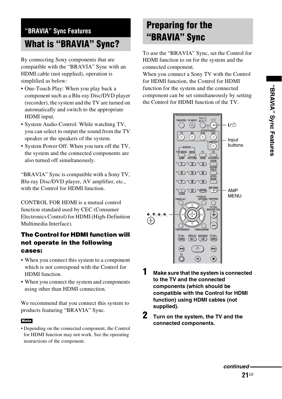 Bravia” sync features, What is “bravia” sync, Preparing for the “bravia” sync | Bra via” sync fea tures, Continued | Sony HT-CT100 User Manual | Page 21 / 128
