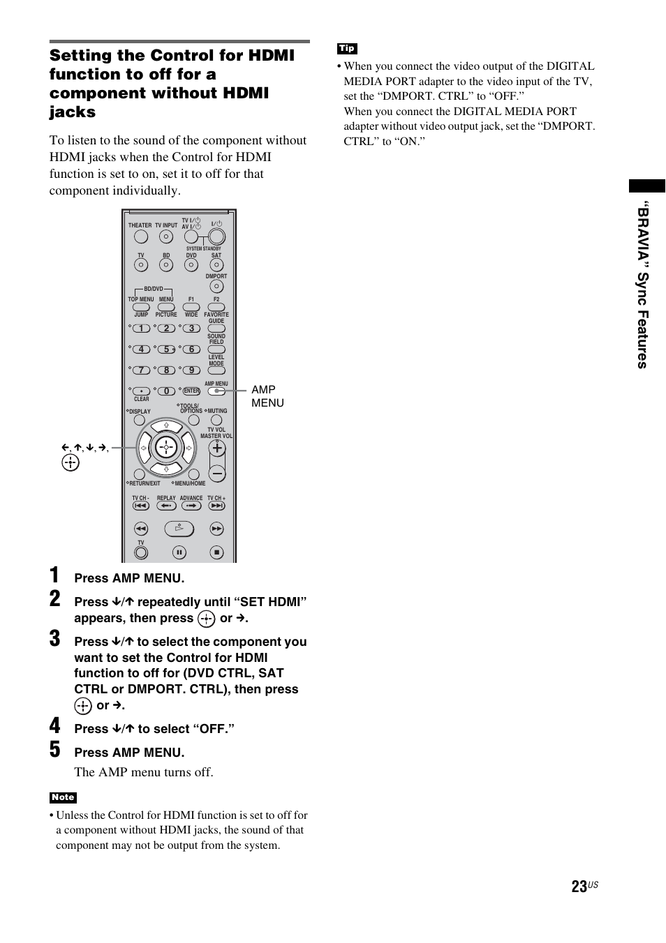 Bra via” sync fea tures, The amp menu turns off, Press amp menu | Press | Sony HT-CT100 User Manual | Page 23 / 128